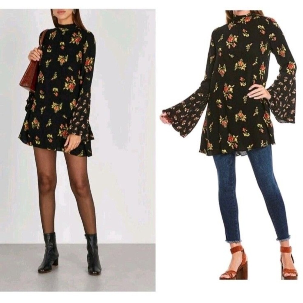 Free People Tate Printed Tunic Dress Black Floral S Tie Neck Pockets E12.1